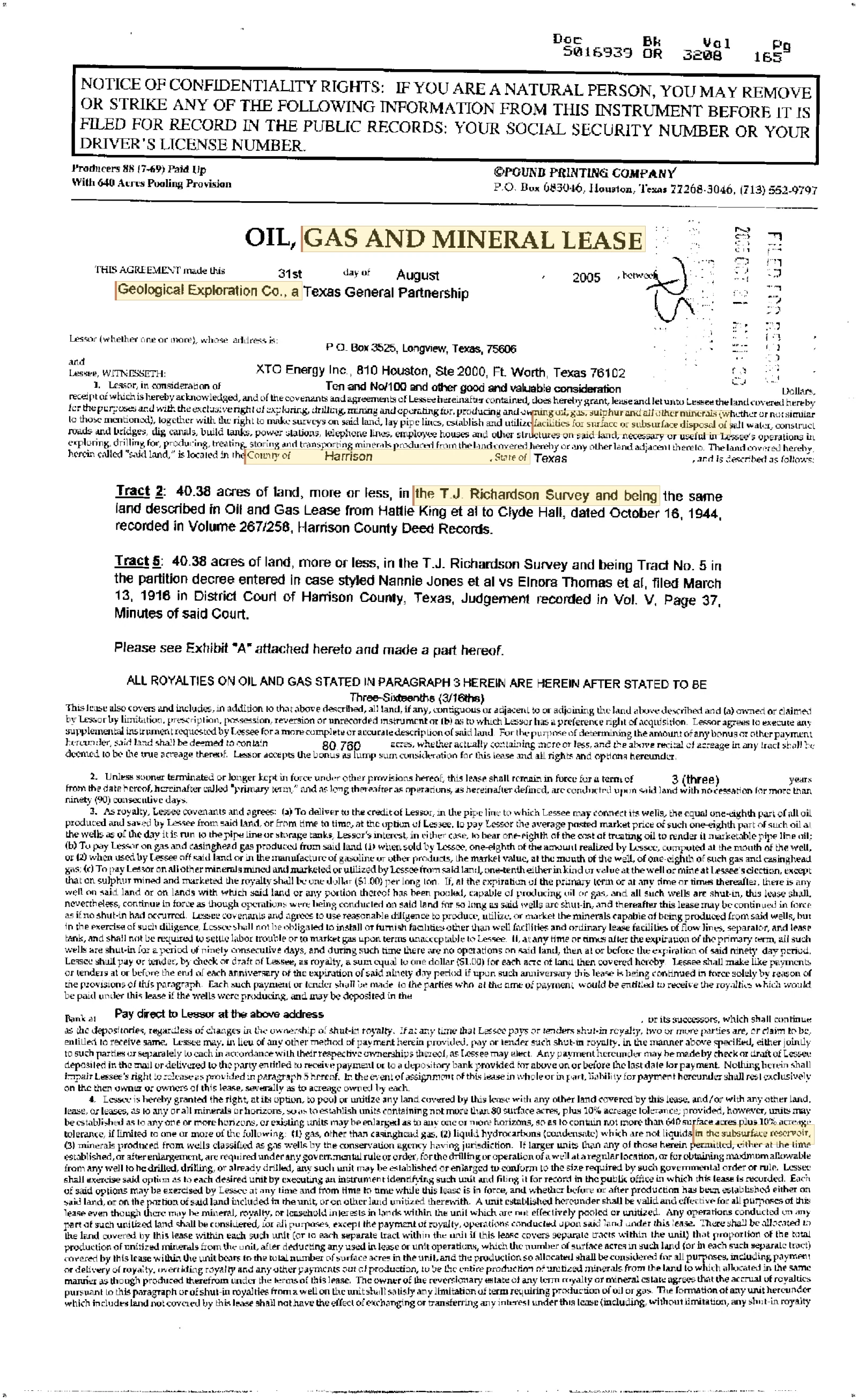 Geological Exploration Co - Recorded Lease - Gas, Oil, Mineral (Vol. 3208, Page 165)