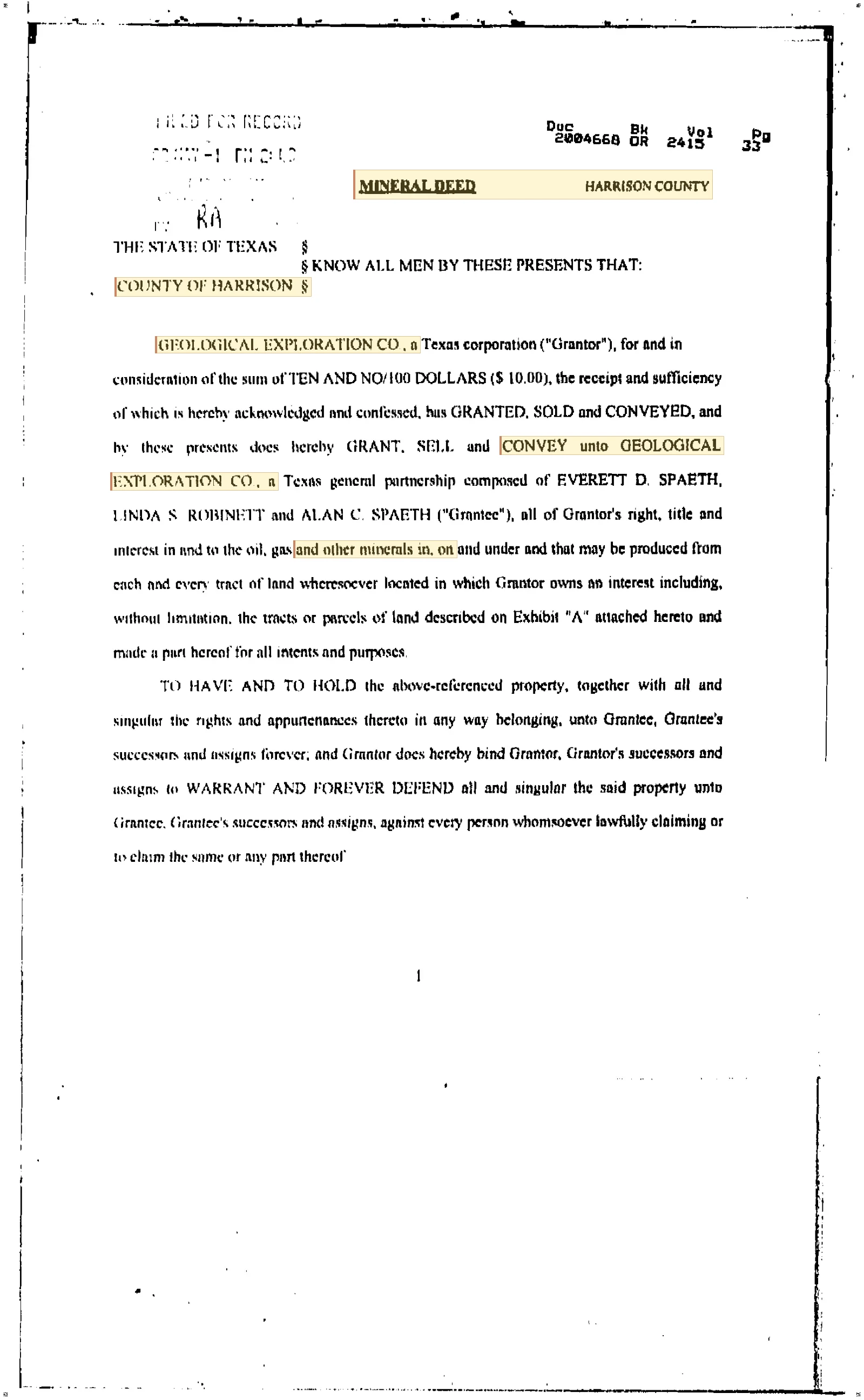 Geological Exploration Co - Recorded Mineral Deed (Vol. 2415, Page 33)