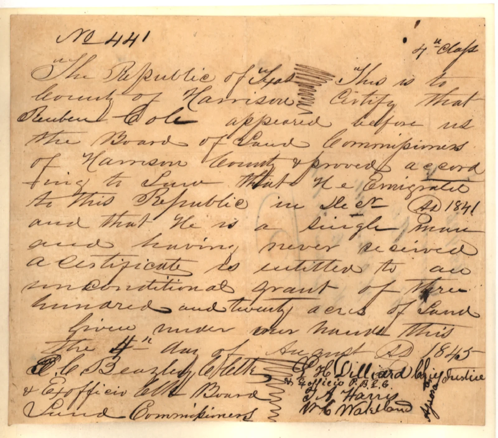 Cole, Reuben Original Cursive Land Grant & Field Notes (Harrison County, Abstract A-153)